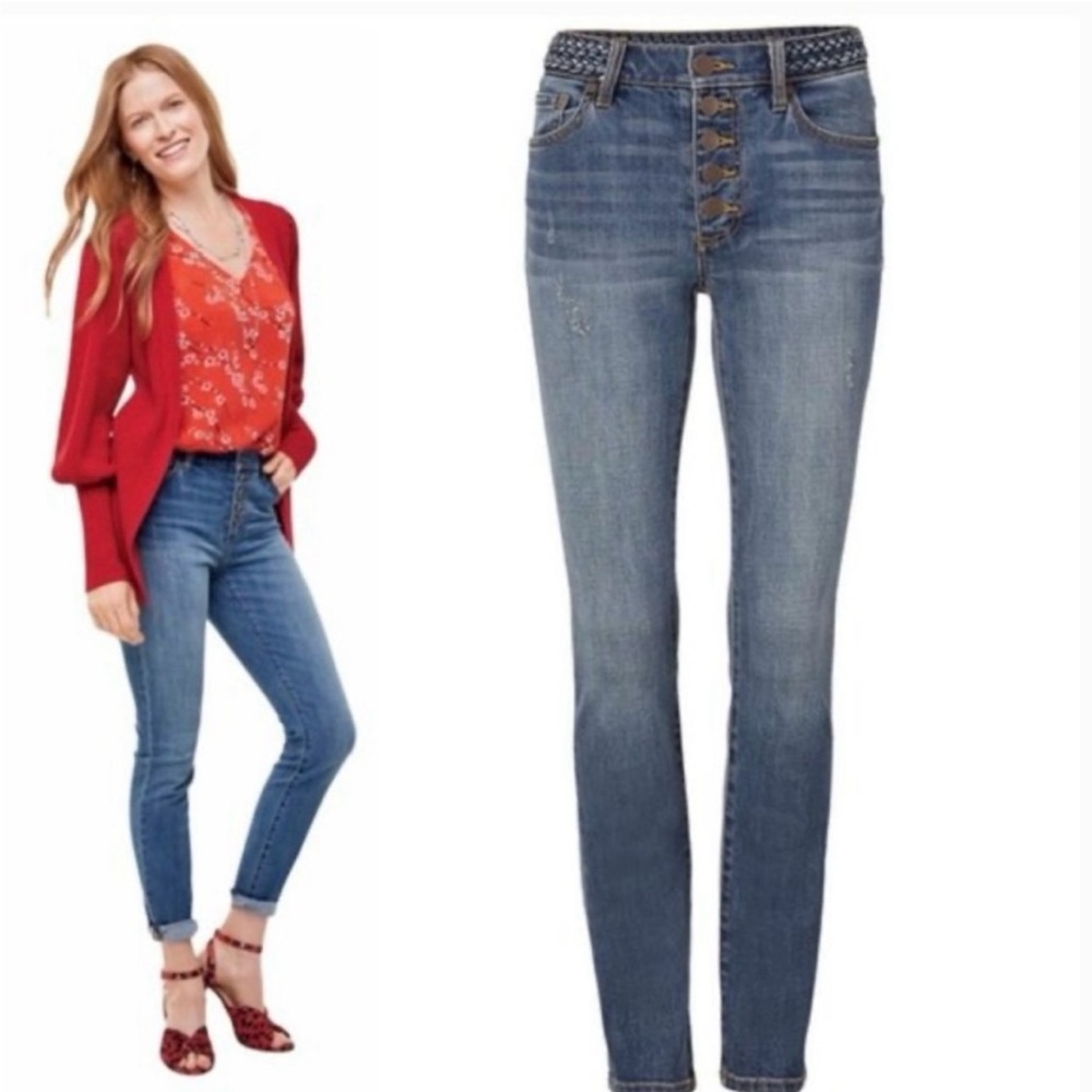 CAbi Classic Indigo Button Fly Skinny Jeans/Dream Weaver Wasitband